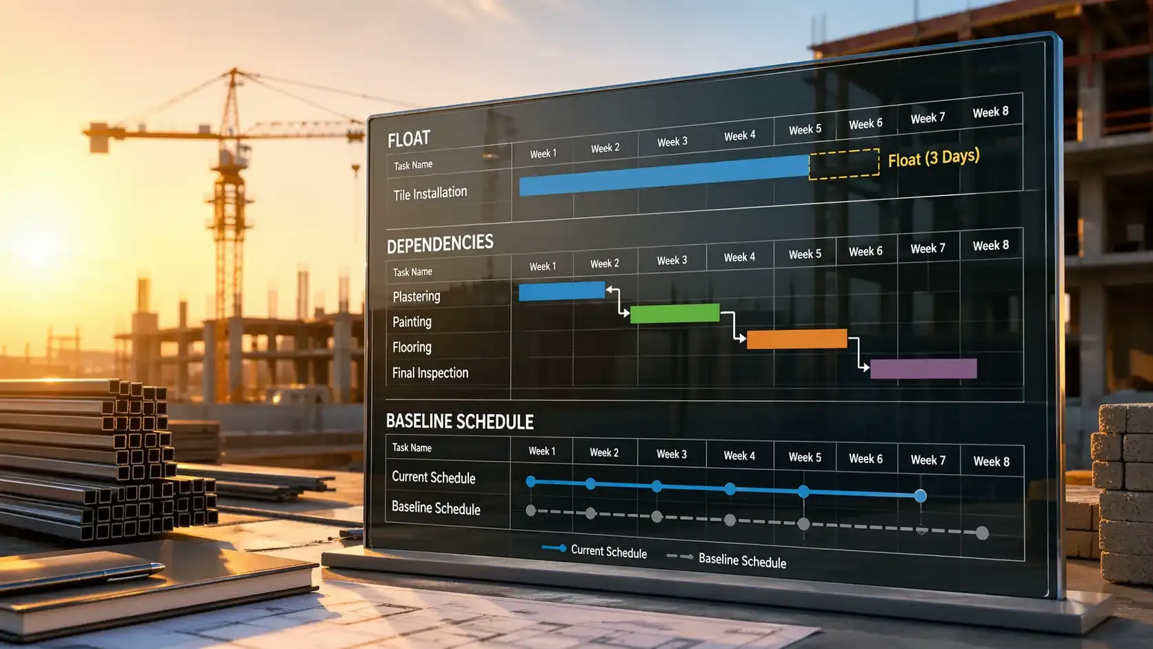 Construction site with digital schedule board showing float, dependencies, baseline